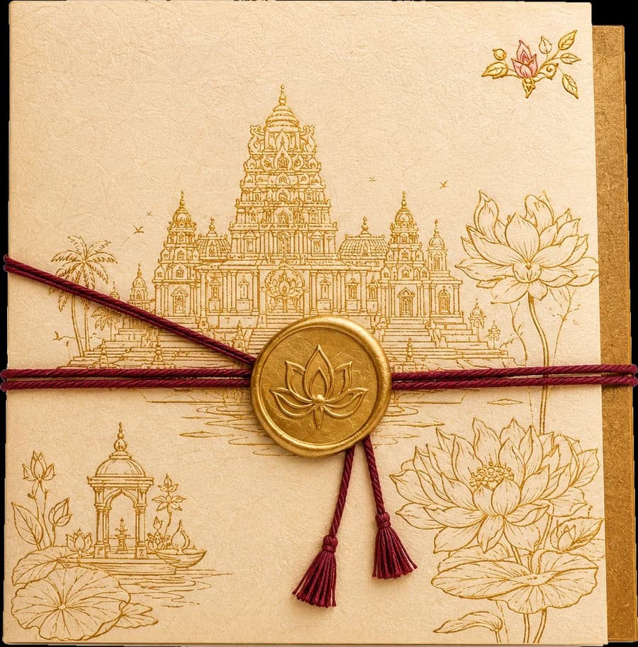 Wedding invitation, sealed with a gold lotus wax seal